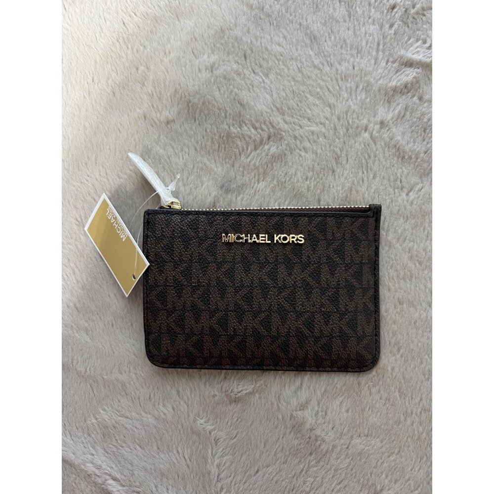 Michael Kors Jet Set Small Brown Coin Pouch W/ ID Window Monogram Leather Wallet